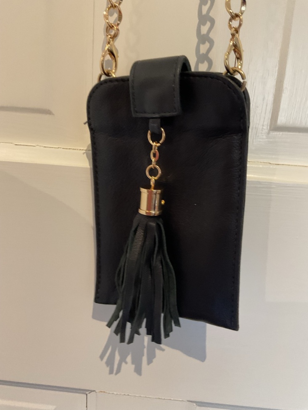 Black Leather Tassel Crossbody Phone Bag with Gold Chain